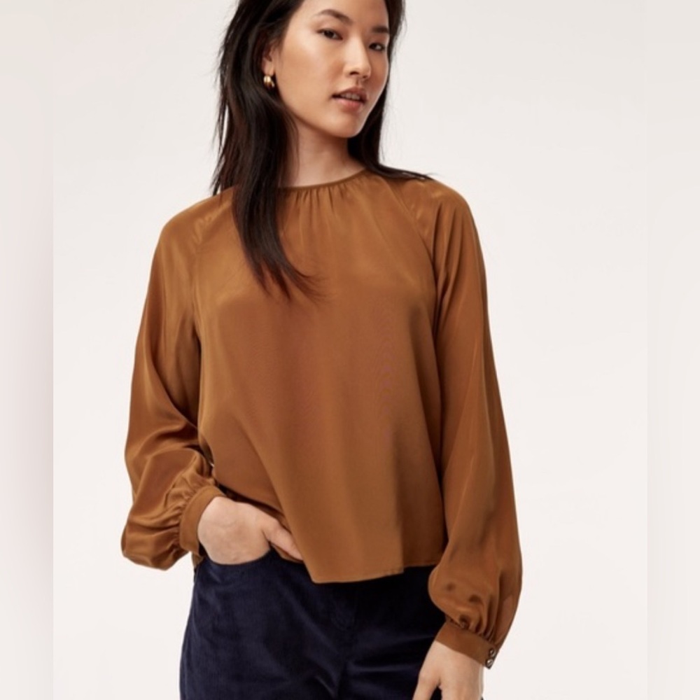 NWOT Aritzia Babaton 100% Silk High Neck Blouse I’m burnt brown/orange - XS